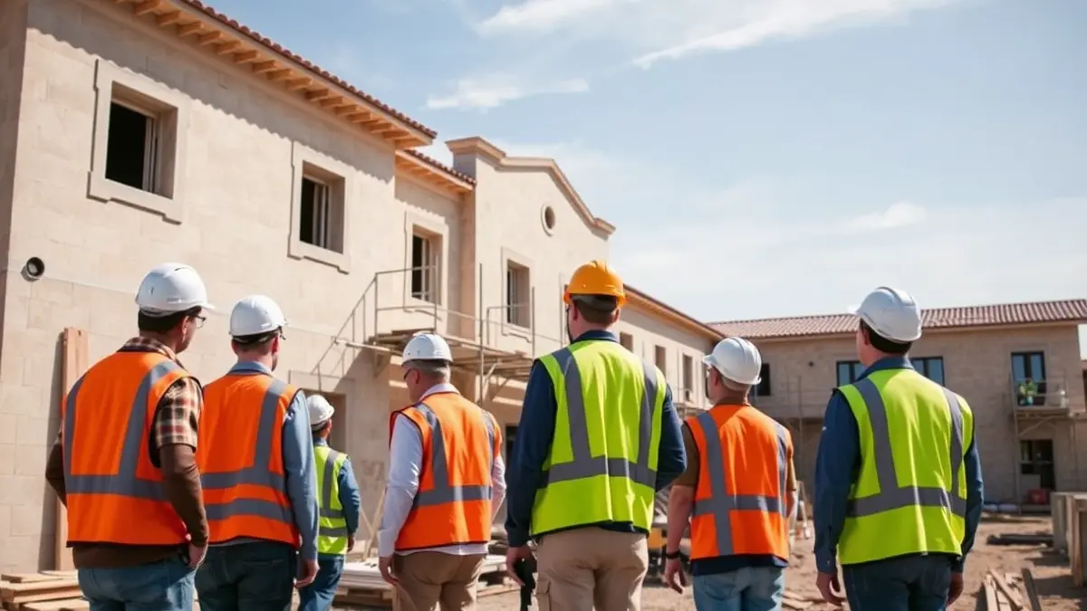 Imagen de obras de reforma en un centro educativo, con trabajadores y andamios.