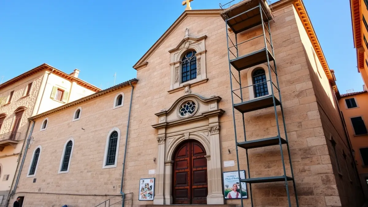 Image of the facade of a historic monastery with scaffolding, prepared for rehabilitation.