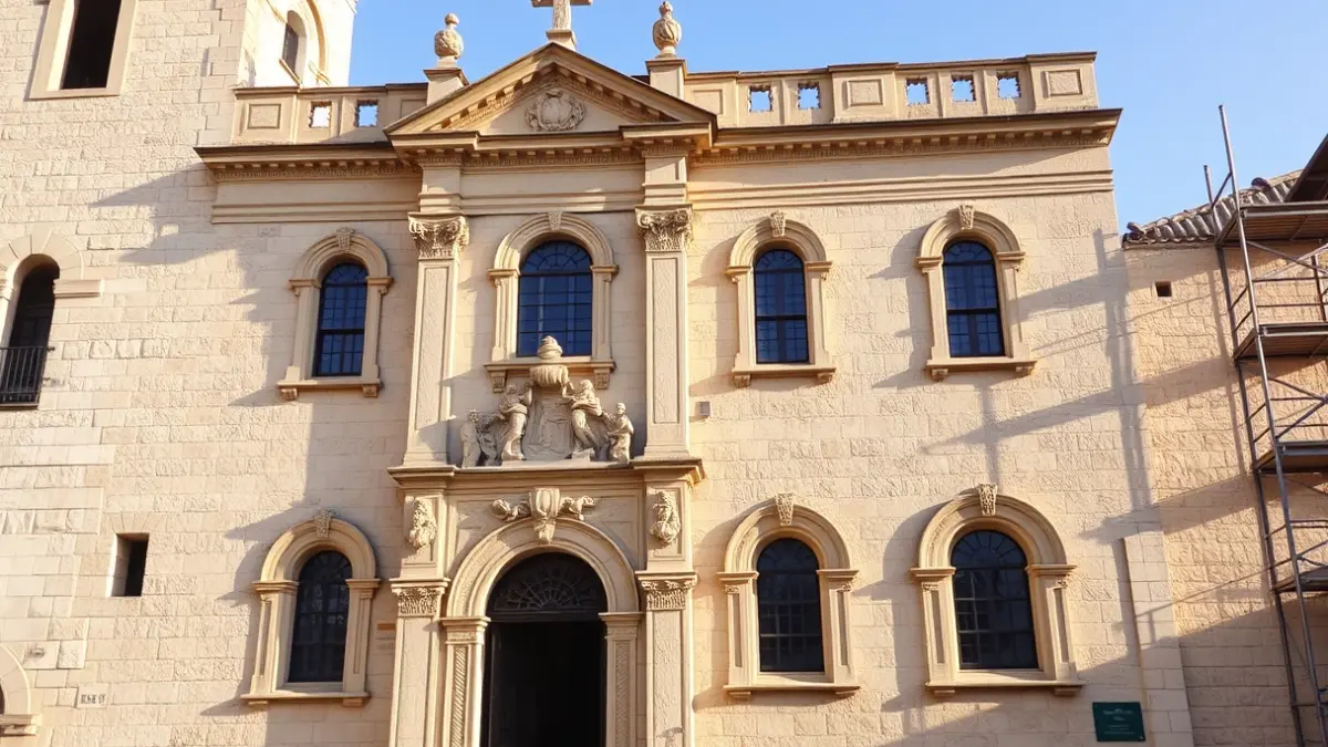 Façana de pedra d'un monestir valencià amb detalls arquitectònics, il·luminada pel sol de la vesprada, amb bastides que indiquen obres de restauració.