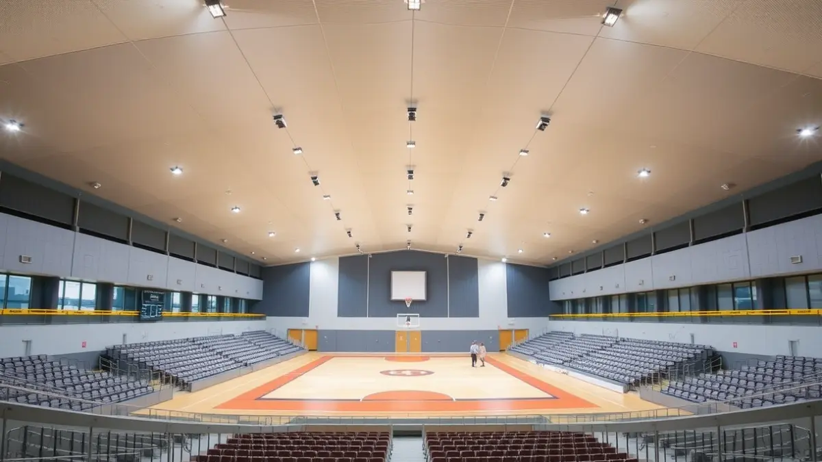 Generic image of a modern indoor sports court, with bright lighting and event space.