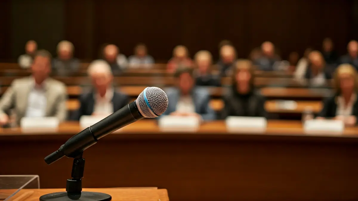 Generic image of a microphone on a podium in a conference room.