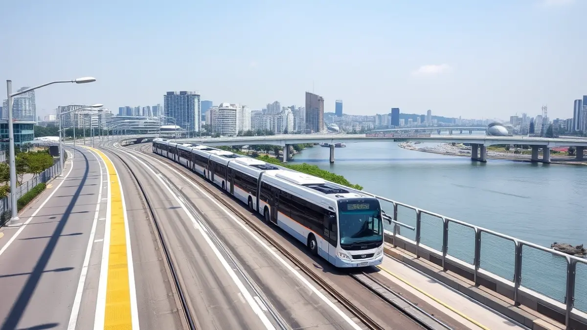Imatge d'una plataforma exclusiva per a autobusos amb un pont nou sobre un riu, en una àrea metropolitana.