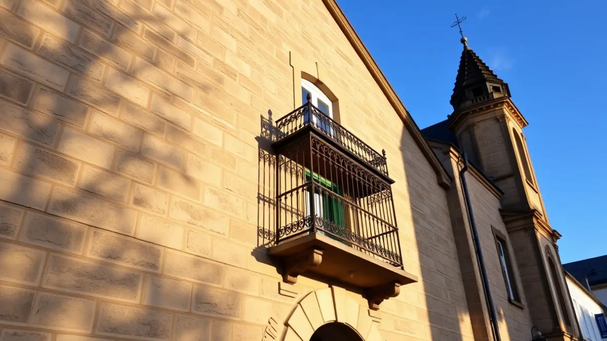 Fachada del ayuntamiento de Jijona, con balcón y barandillas de hierro, bañada por el sol de la tarde.