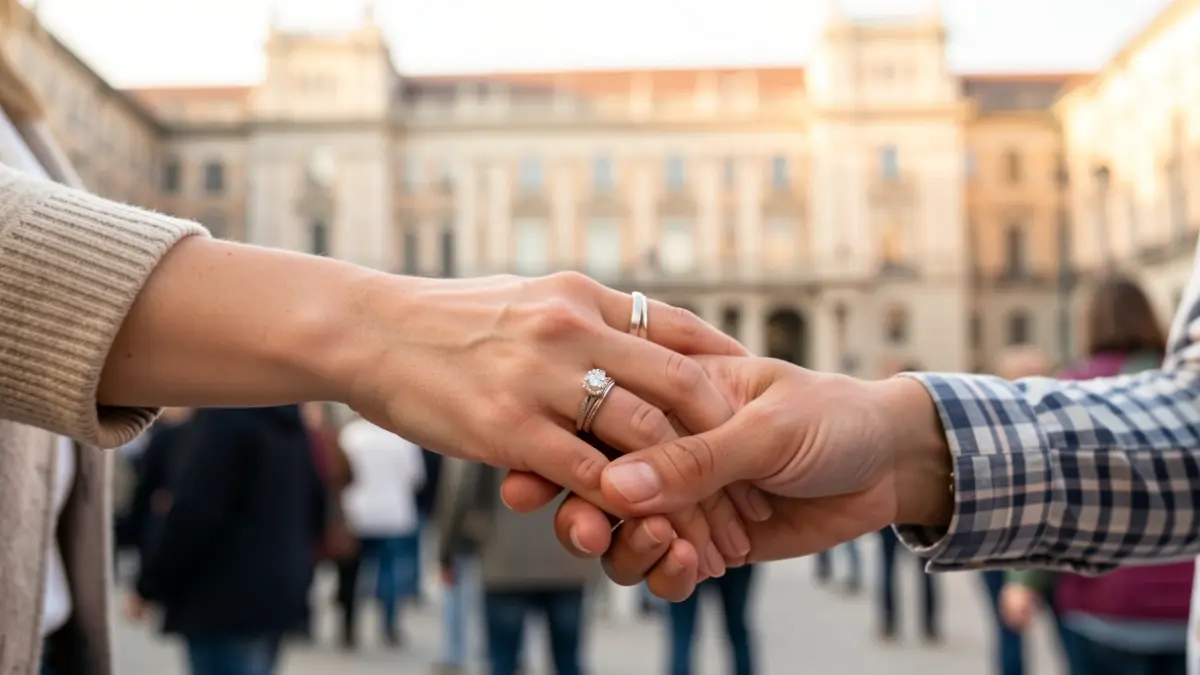 Two women shaking hands in front of an institutional building.