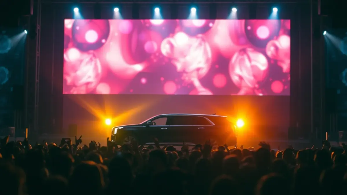Image of a vibrant concert on a stage with blurred lights and a limousine as a scenic element, with the audience in the foreground.