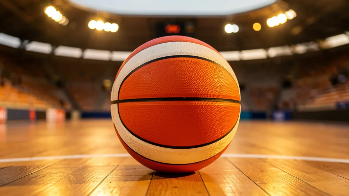 Generic image of an orange and white basketball on a wooden court.