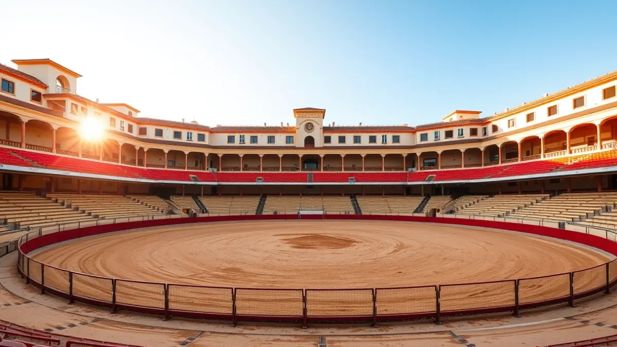 Imatge d'una plaça de bous buida, il·luminada pel sol de la vesprada, amb l'arena i la barrera en primer pla.