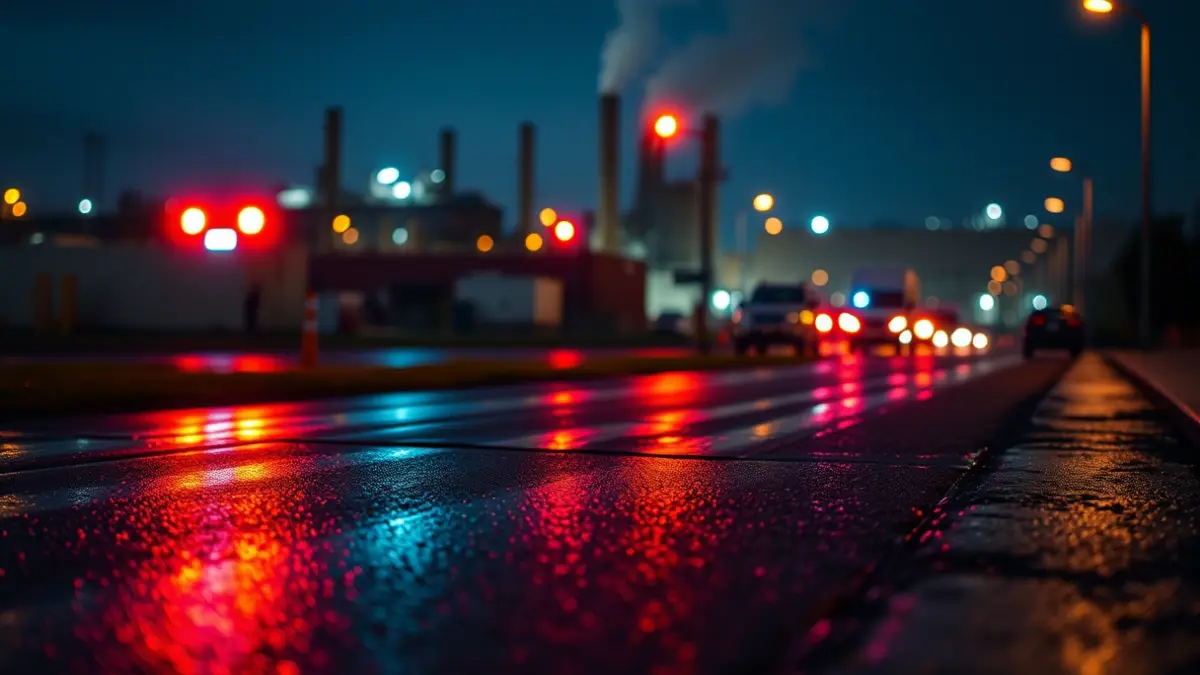 Generic image of emergency lights reflecting on wet asphalt in an industrial area.