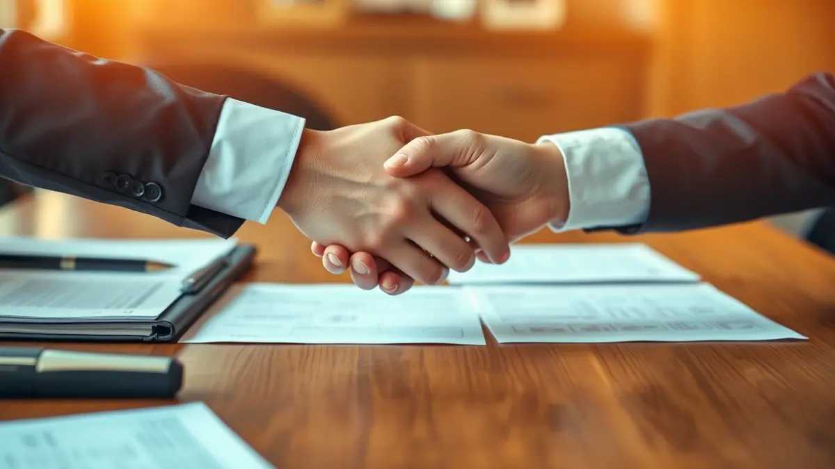 Imatge genèrica d'un acord empresarial, amb dos mans encaixant sobre un escrit.
