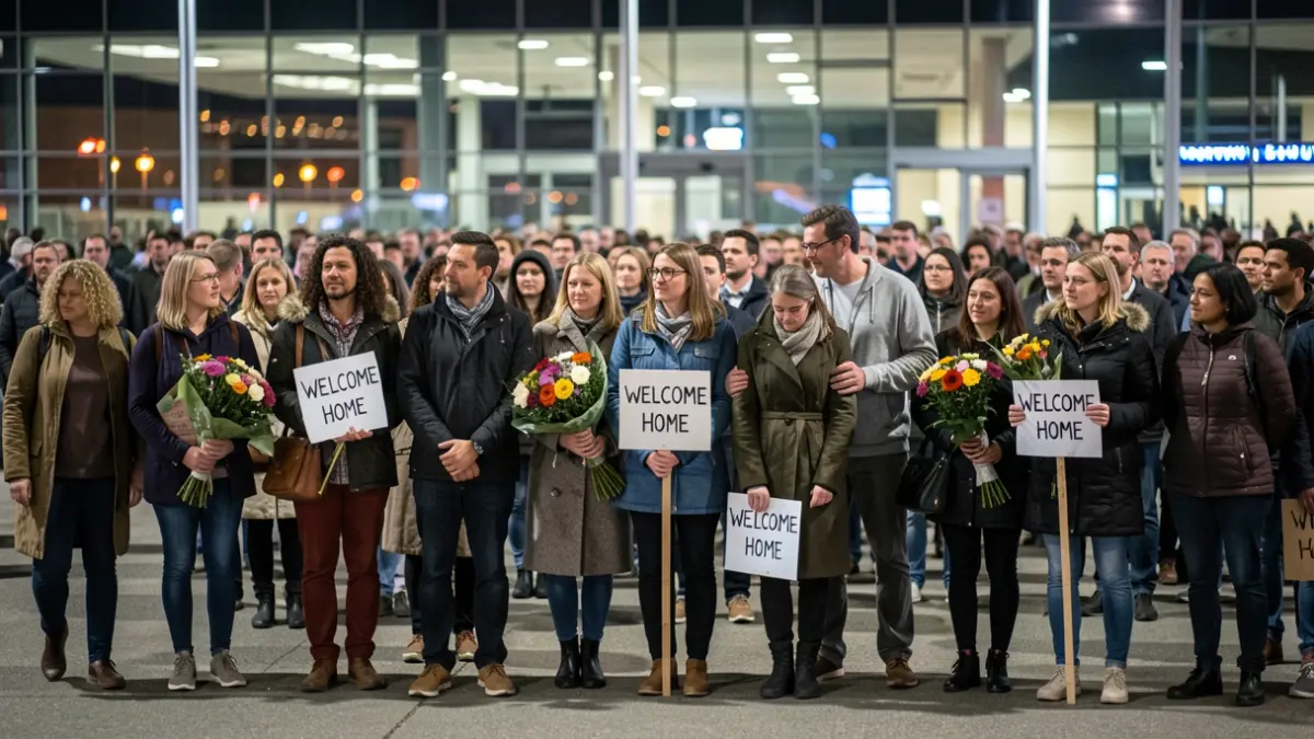 Imagen genérica de familiares y amigos recibiendo a activistas en el aeropuerto de Manises de noche.