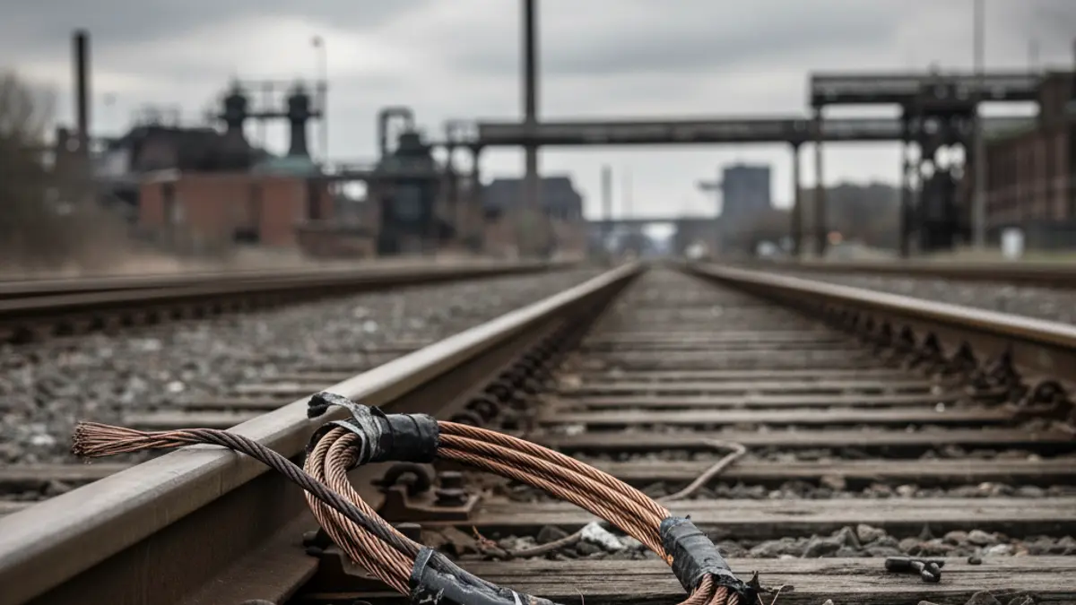 Image of a stolen copper cable next to train tracks, with a blurred background of railway infrastructure.