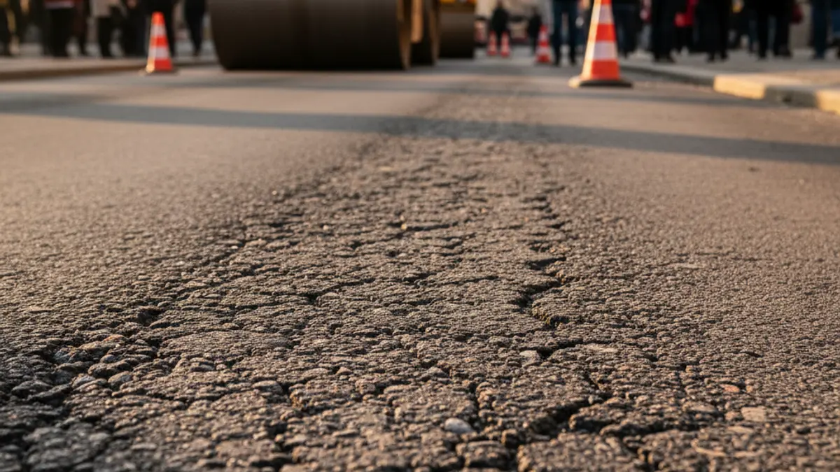 Generic image of a road under construction, with damaged asphalt and construction machinery in the background.