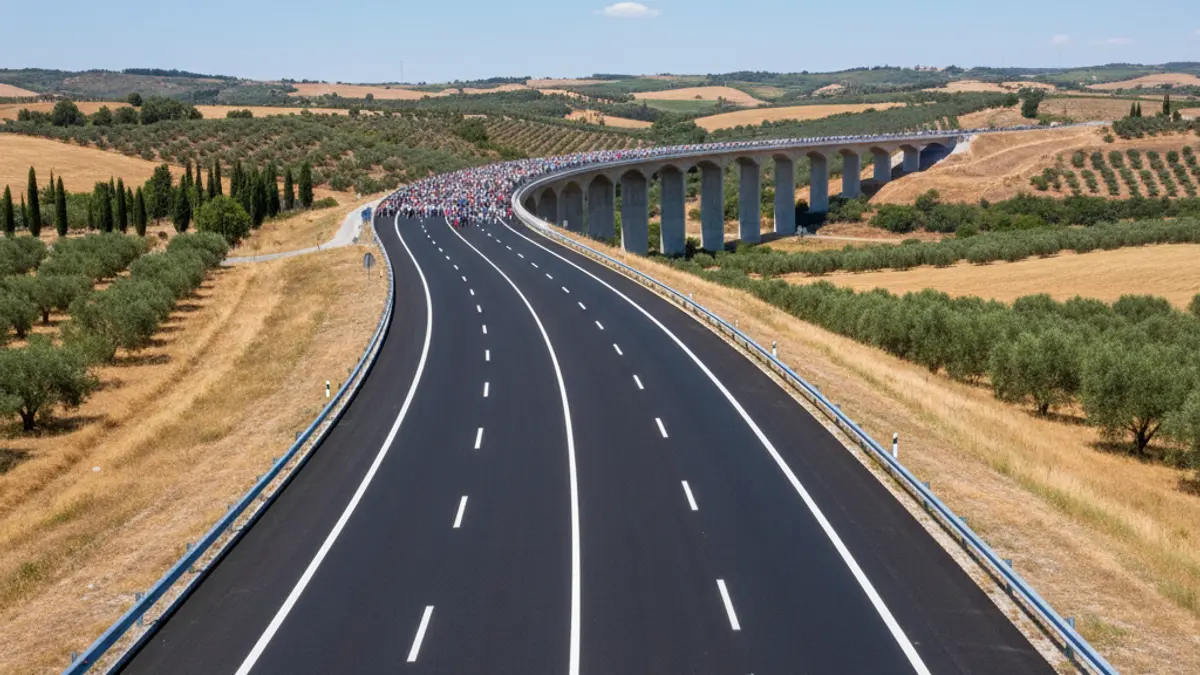 Image of a recently rehabilitated highway section with new asphalt and a viaduct in the background.