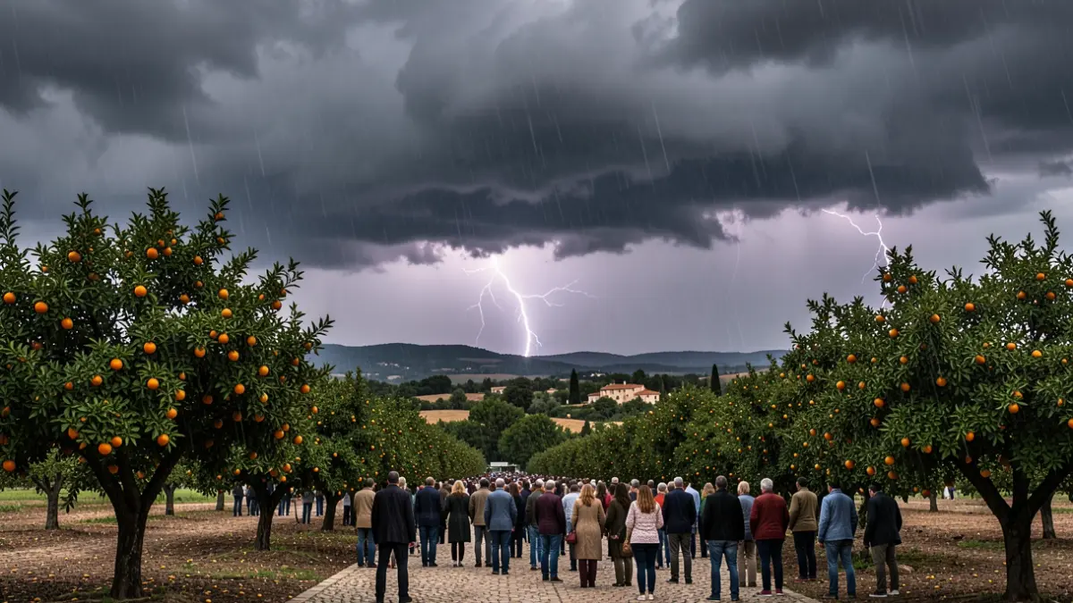 Imagen genérica de nubes de tormenta sobre un paisaje mediterráneo con naranjos.