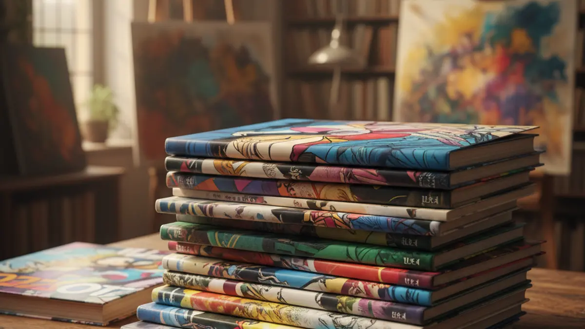 Generic image of comic books and illustration books stacked on a table, with a blurred background of an art studio.