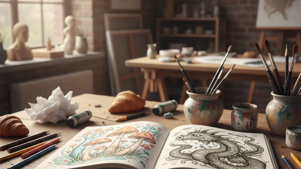 Generic image of an open sketchbook with pencils and brushes, in an art workshop setting.