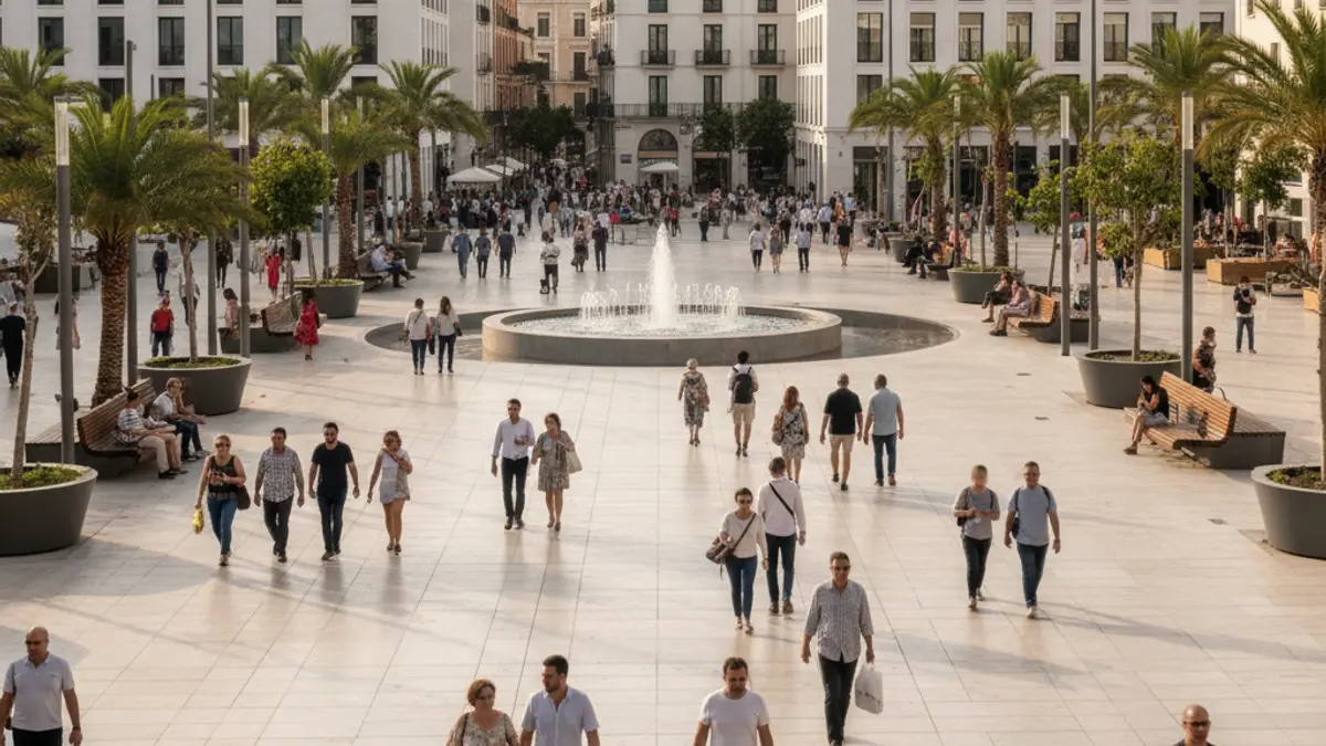 Imagen genérica de una plaza urbana moderna y peatonal en una ciudad mediterránea.
