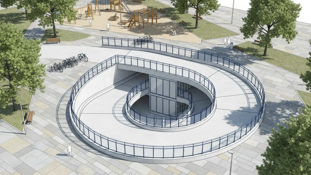 Imatge d'un projecte de remodelació d'un aparcament subterrani i una plaça amb jocs infantils.