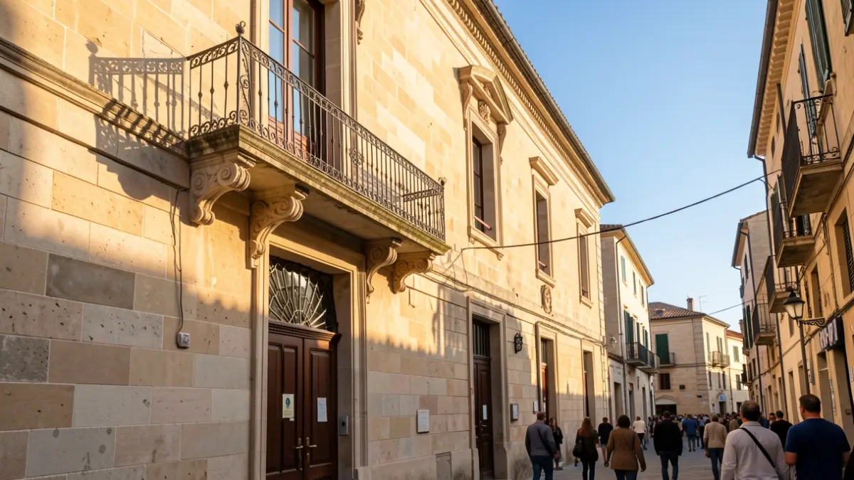 Imatge genèrica d'un edifici municipal amb balcó i baranes de ferro, il·luminat pel sol de la vesprada.