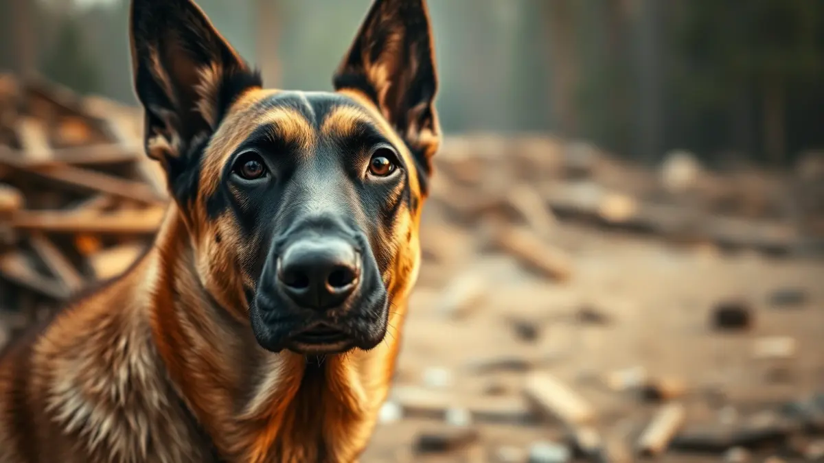Imatge d'un gos pastor belga malinois, amb la mirada atenta i concentrada, en un entorn que suggerix un desastre natural.