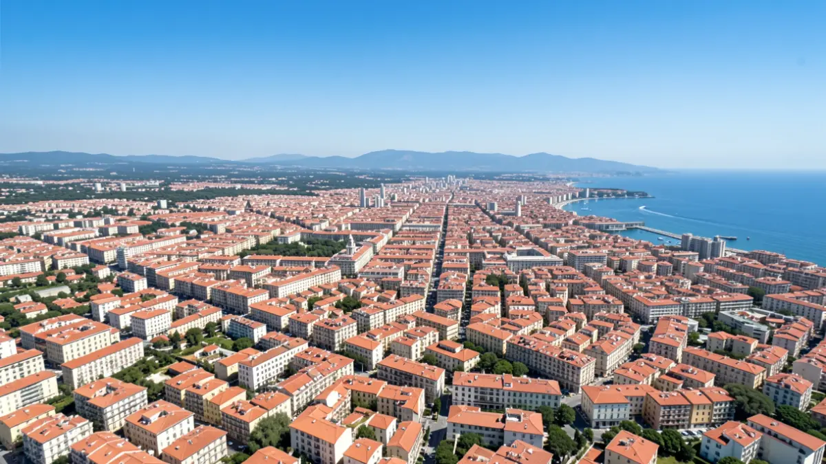 Generic aerial view of a Mediterranean city and its connected metropolitan area.