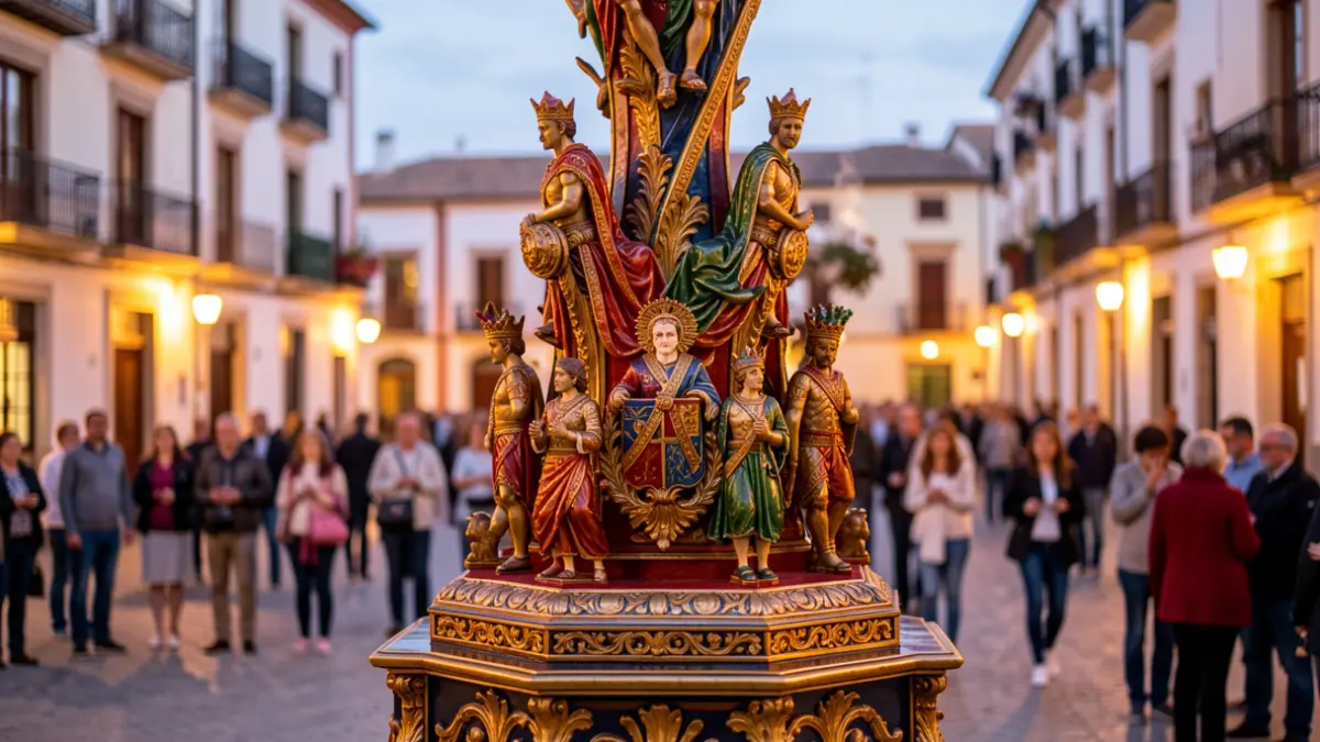 Detall d'una foguera tradicional valenciana amb un fons difuminat d'una plaça de ciutat mediterrània al capvespre.