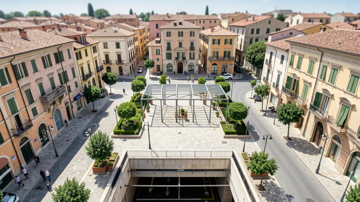 Vista aérea de una plaza pública en Alicante con una pérgola y zonas verdes.