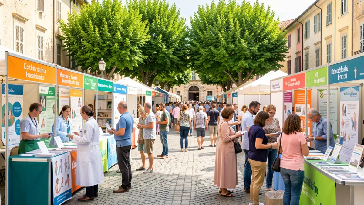 Imatge genèrica d'una fira de salut comunitària en una plaça mediterrània.