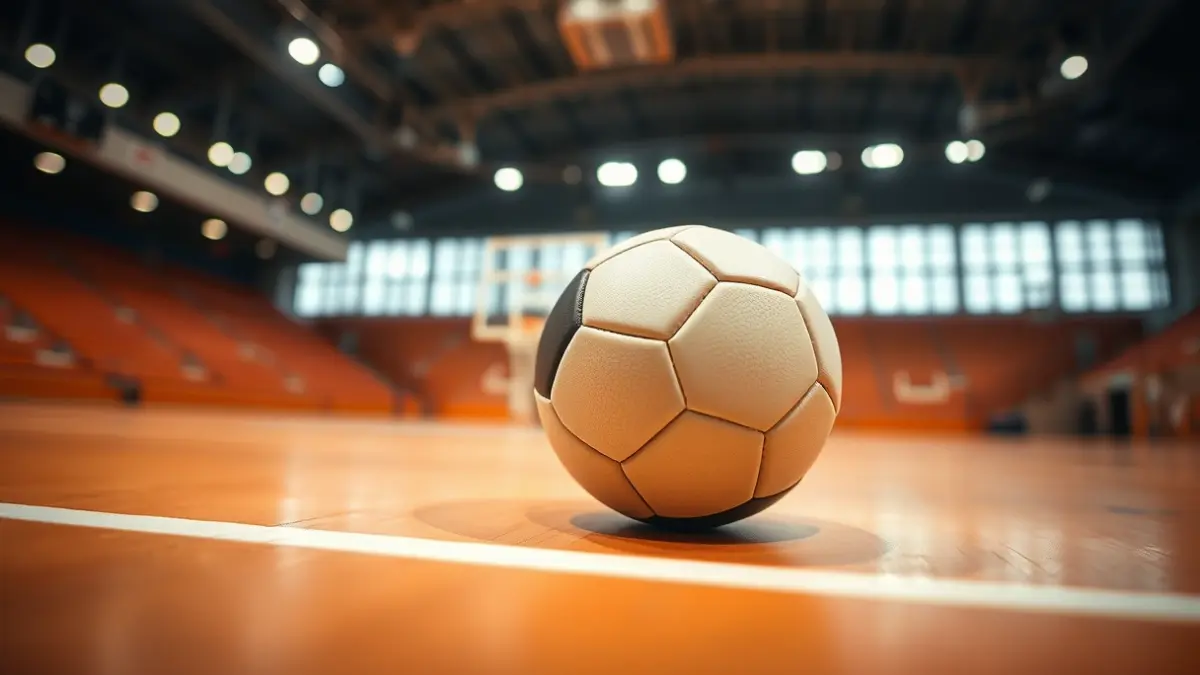 Imagen genérica de un balón de balonmano en una cancha, con la portería desenfocada al fondo.