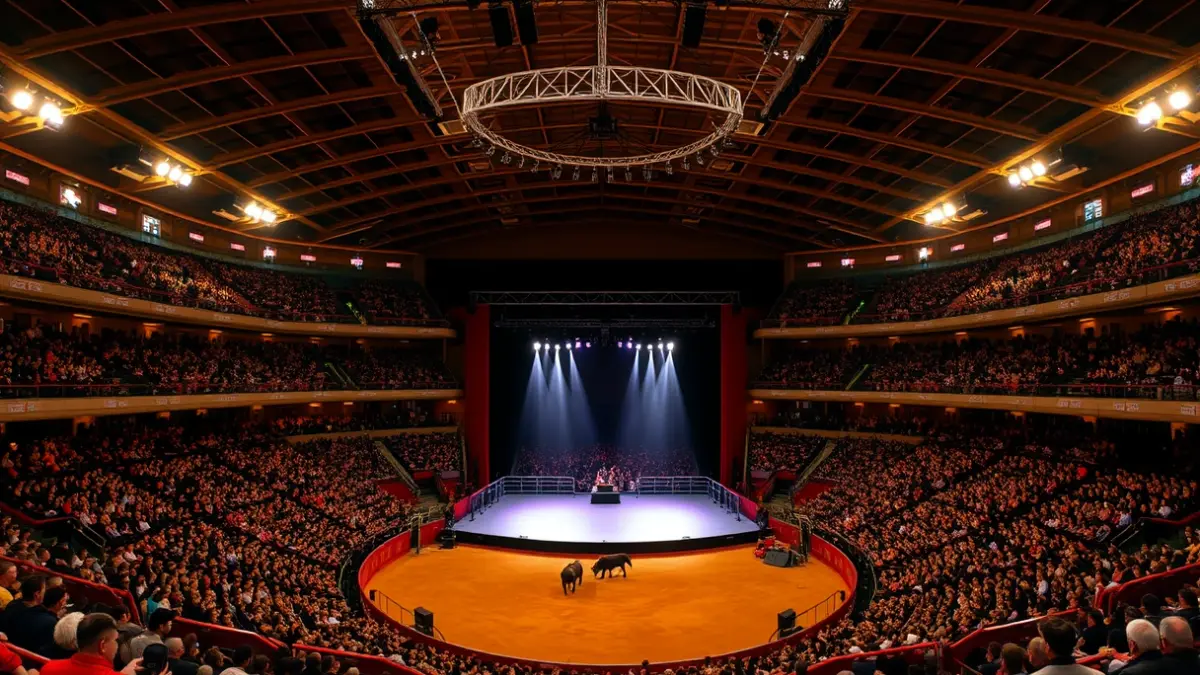 Image of the interior of a bullring filled with people during a festive gala.