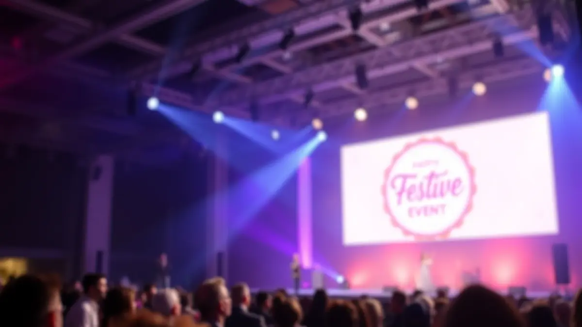 Image of a stage with bright spotlights and a large screen during a festive event.