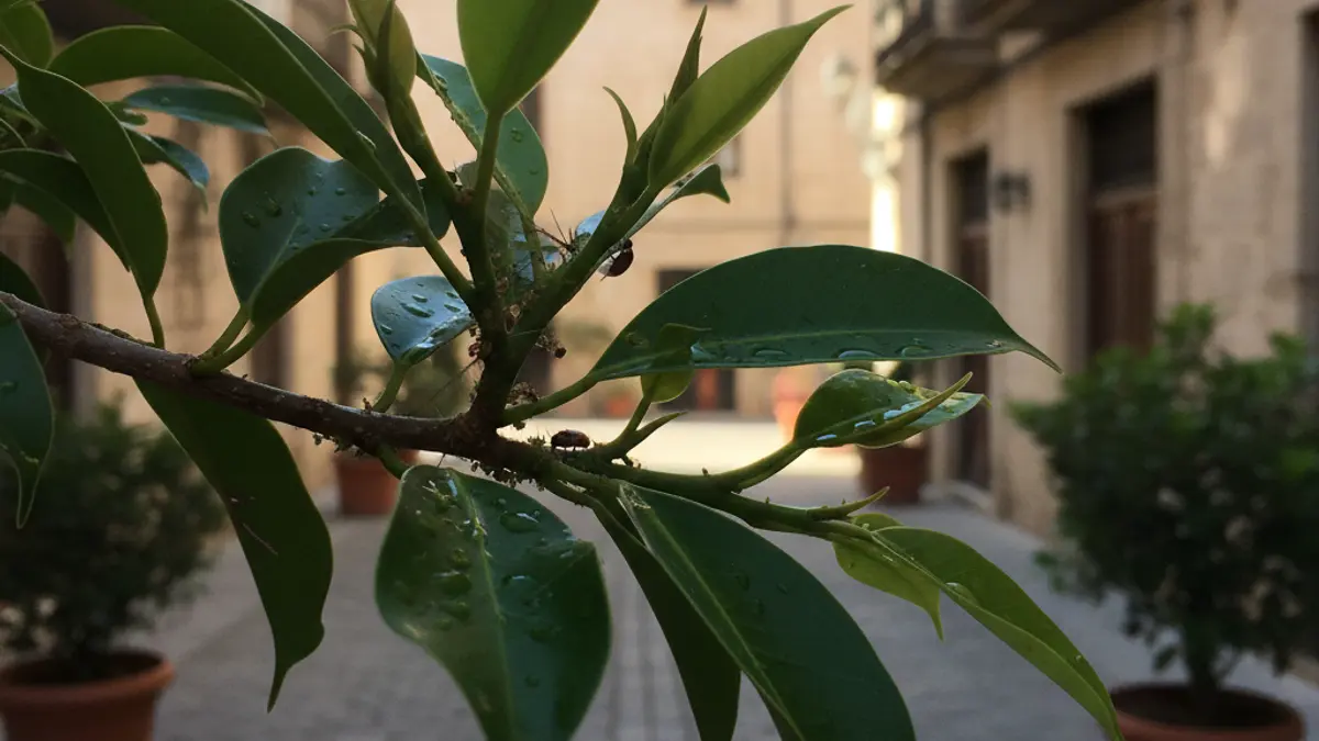 Imatge d'una branca de Ficus Nitida amb insectes, representant el control biològic de plagues en l'arbratge urbà.