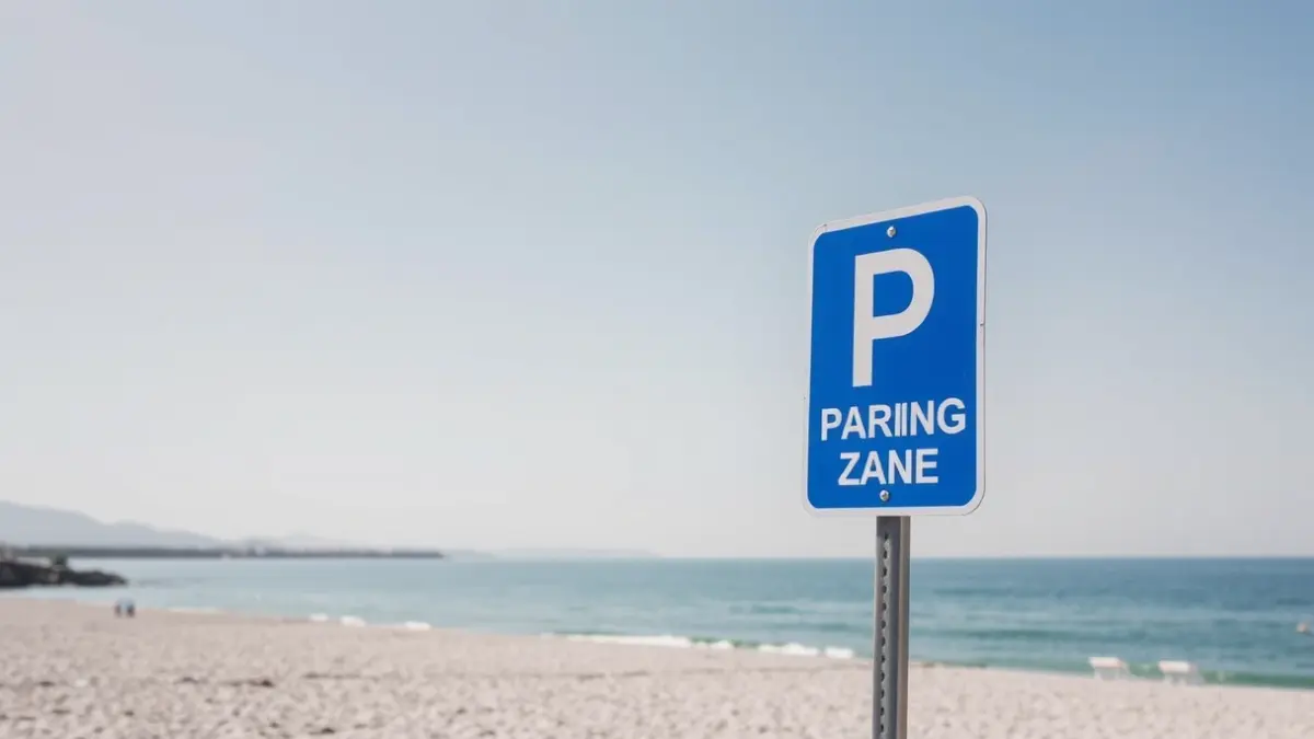 Imatge d'una platja amb un senyal de zona blava, indicant l'inici de la temporada estival.