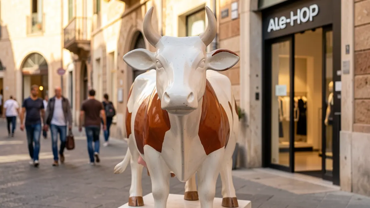Imatge genèrica de la vaca icònica d'Ale-Hop a l'entrada d'una botiga.