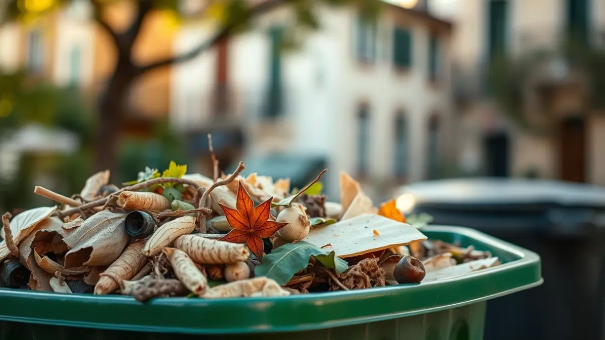 Generic image of an organic waste recycling bin in an urban setting.
