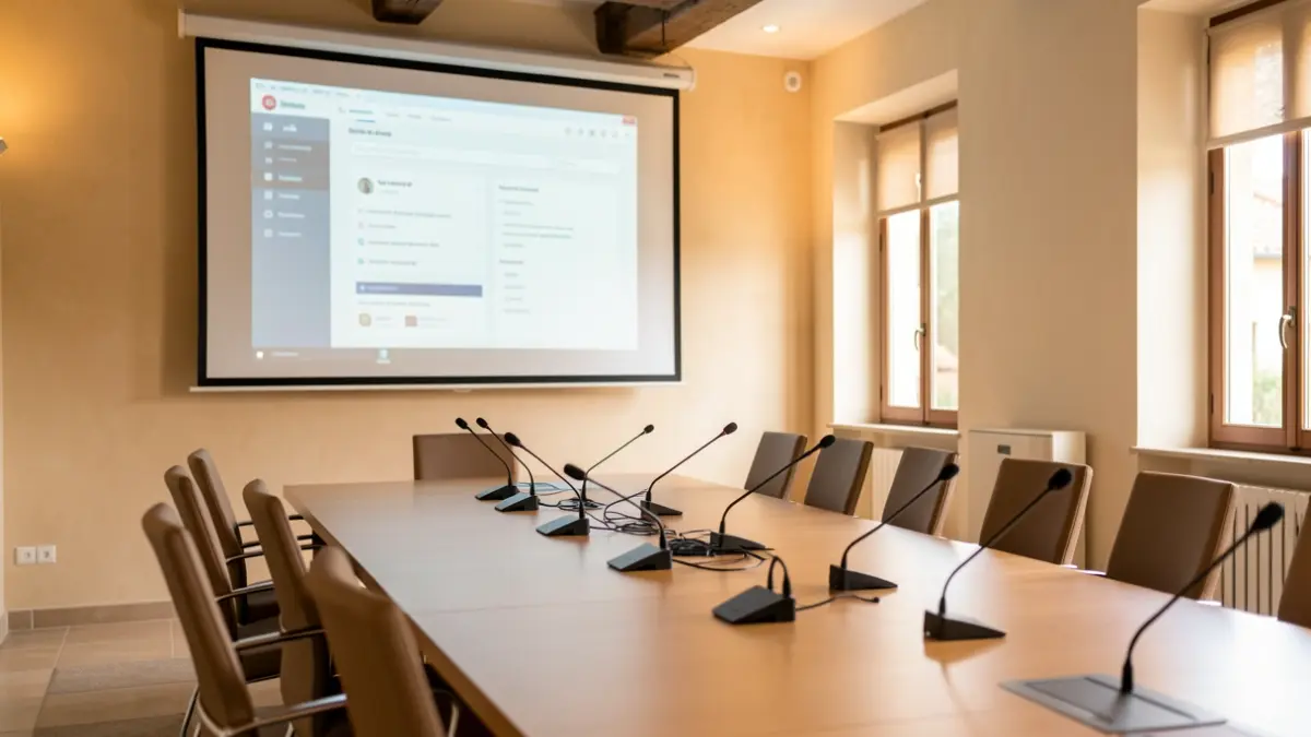 Imatge genèrica d'una sala de reunions municipal amb una pantalla de presentació.