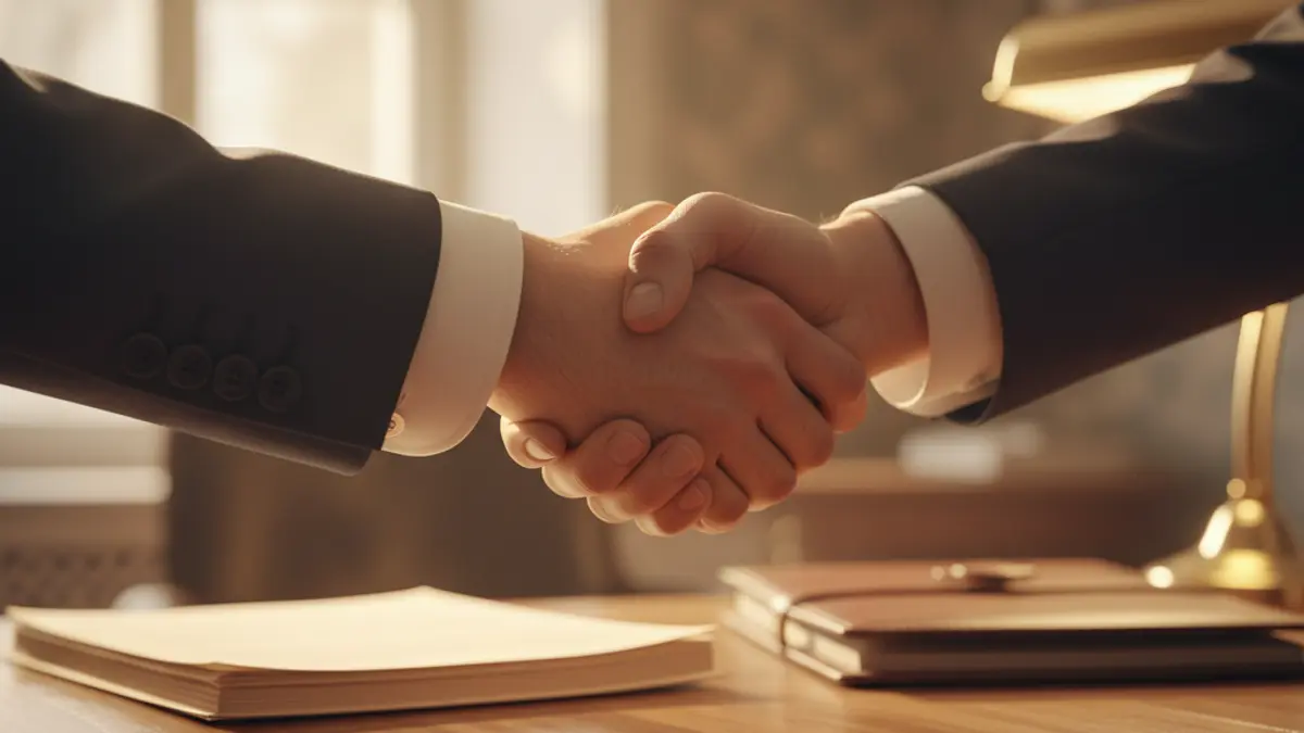 Generic image of a business agreement, with two hands shaking over a document.