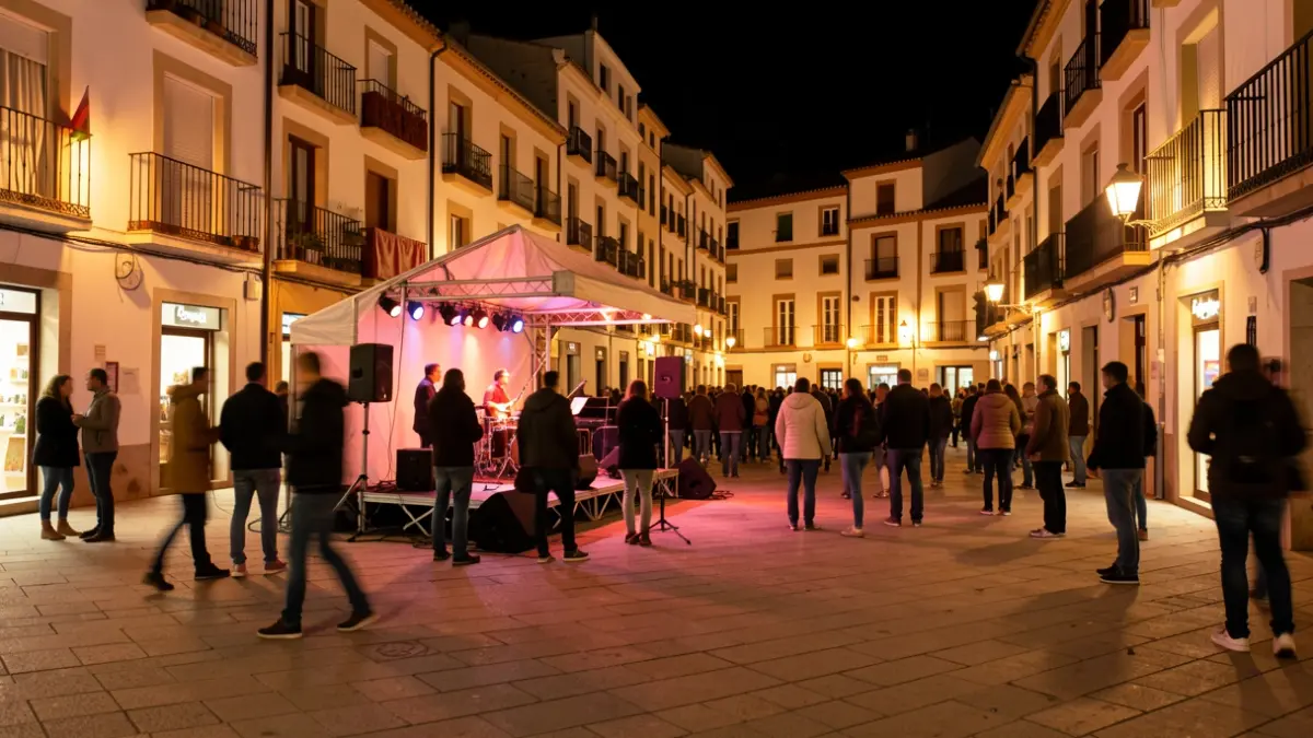 Imatge genèrica d'una plaça il·luminada de nit amb un escenari per a música.