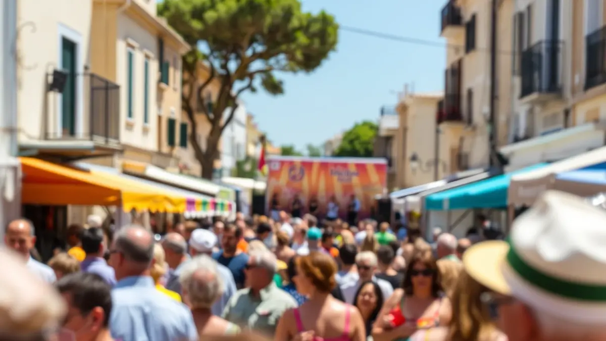 Imatge d'una jornada festiva i solidària en un barri mediterrani, amb música en directe i activitats.