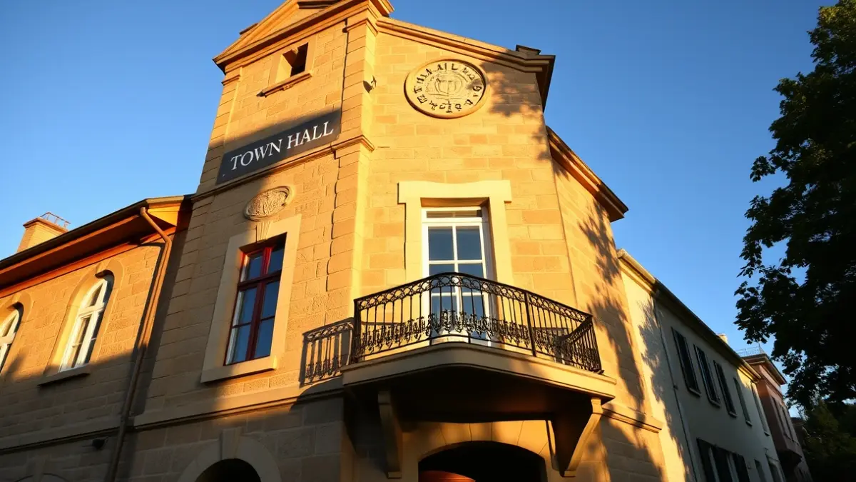 Fachada del ayuntamiento de Almassora con balcón y barandillas de hierro, bañada por la luz del sol de la tarde.