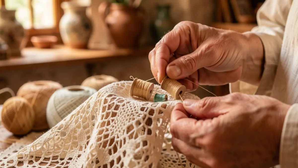 Generic image of hands working with bobbins to create bobbin lace.