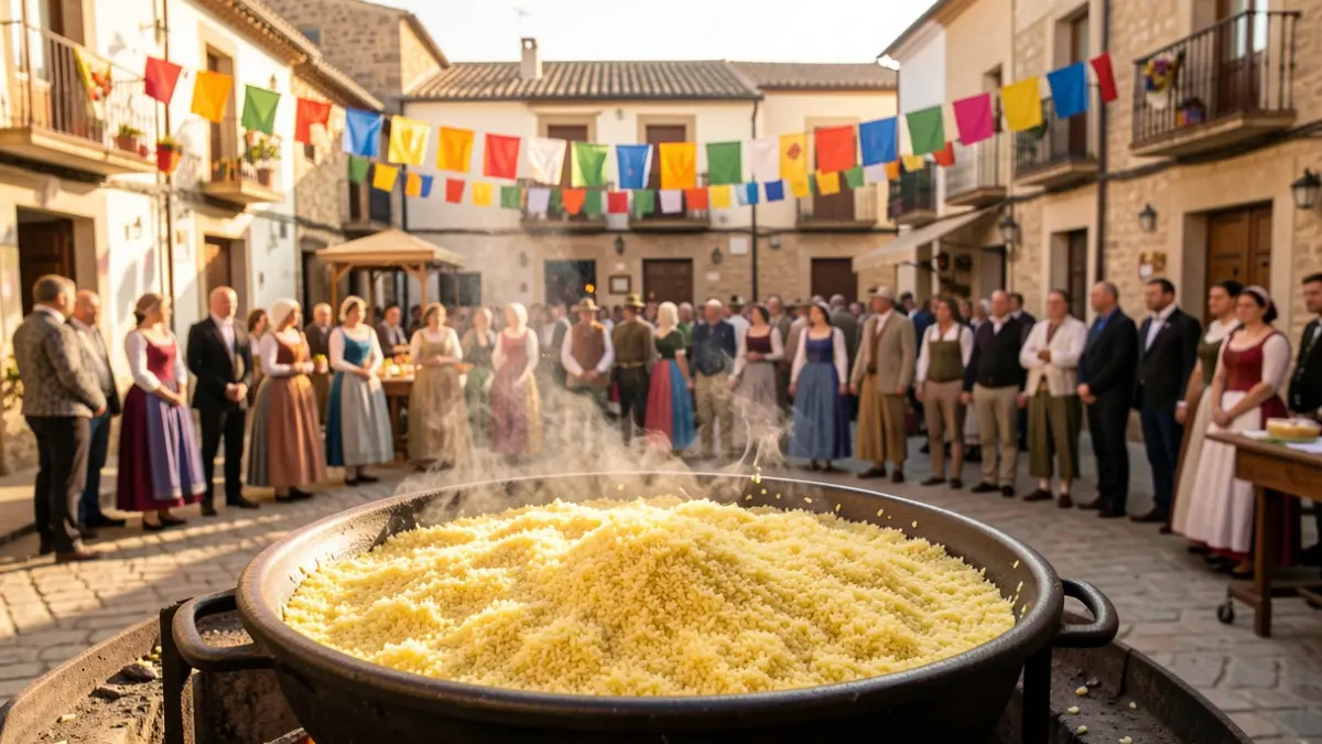 Imagen genérica de una fiesta popular valenciana con una gran olla de arroz cocinándose en la calle.