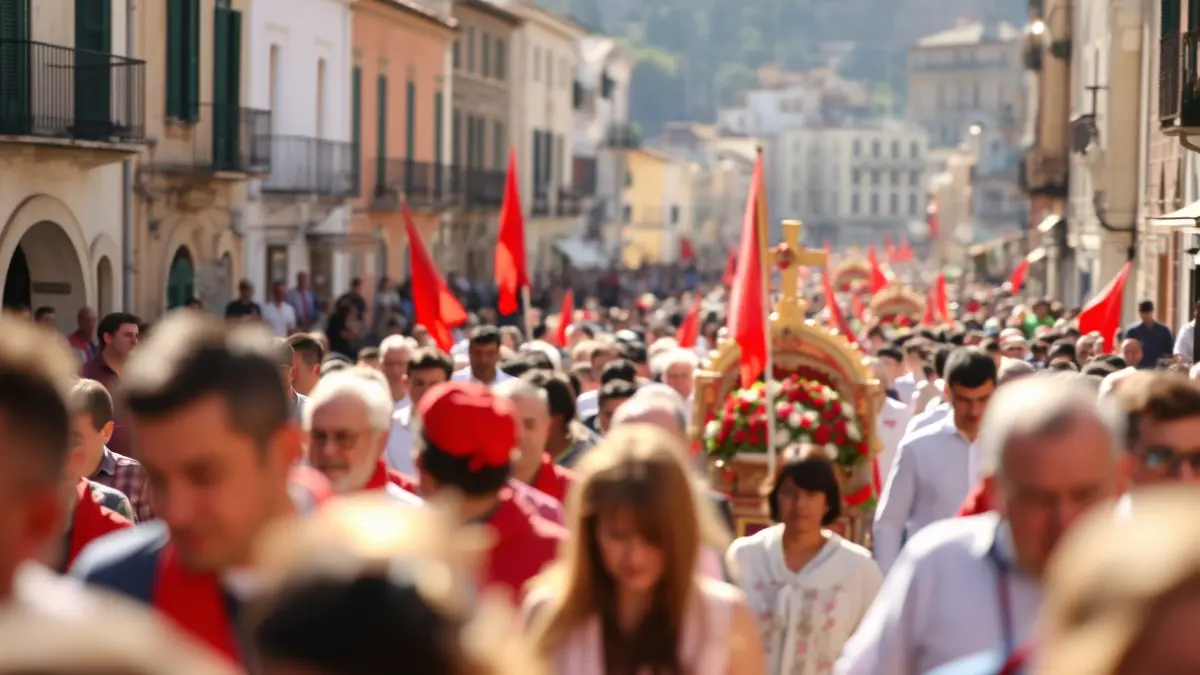Image of a festive pilgrimage with decorated carts and people wearing red scarves in a Mediterranean town.