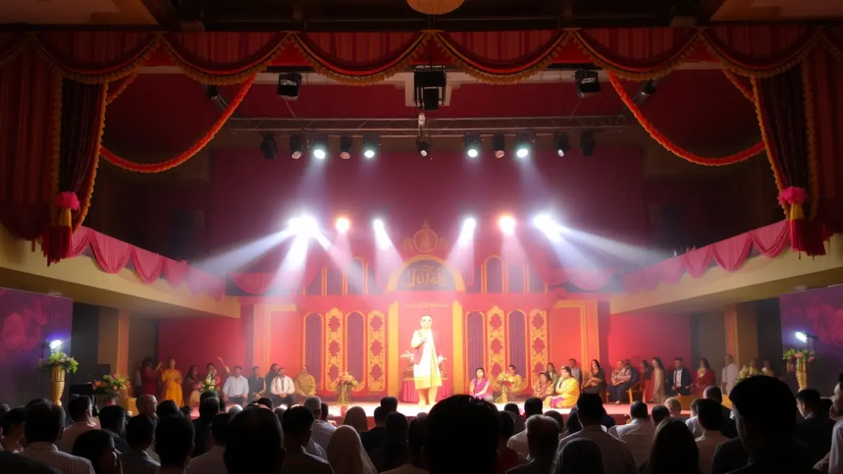 Image of a festive presentation with an illuminated stage and an attending audience.