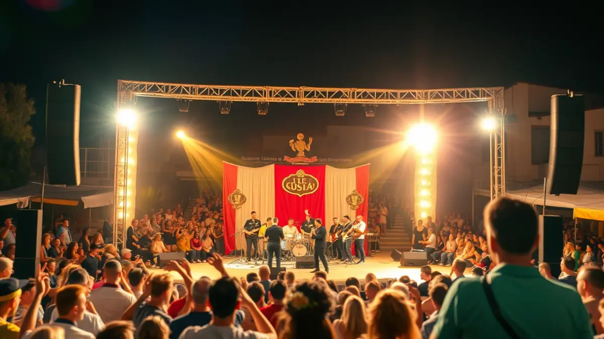 Imatge d'una gala de presentació de reines de festes en un recinte fester, amb llums i públic.