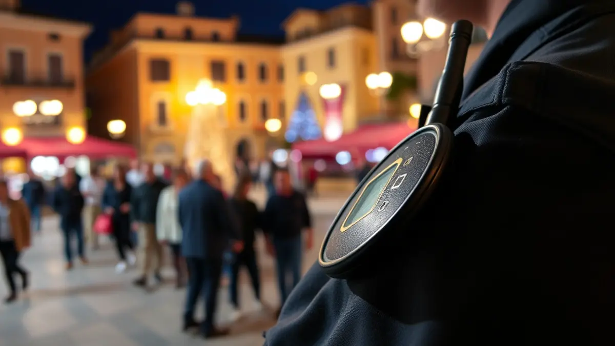 Generic image of a security badge or a walkie-talkie on a uniform, with a blurred background of a festive crowd in a Mediterranean town square at night.