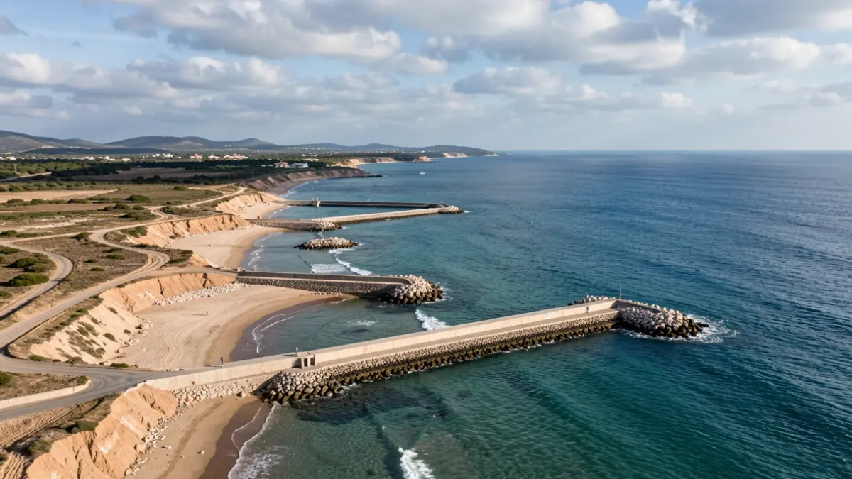 Imagen genérica de la costa con espigones en construcción y playa.