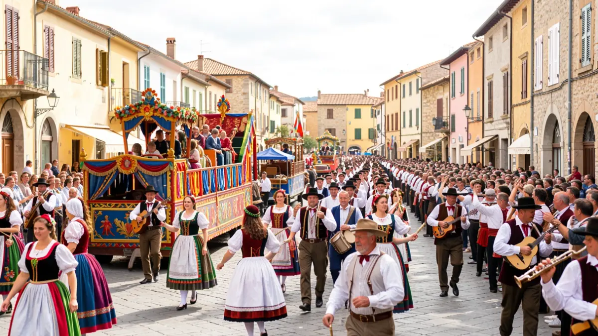 Imagen genérica de un pregón festivo con carrozas y grupos folclóricos.