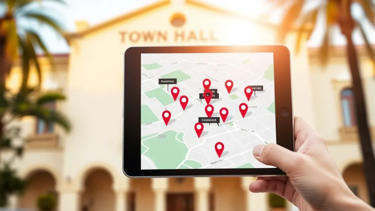 Image of an interactive digital map on a tablet, with business locations and Almenara town hall in the background.