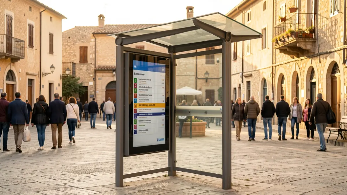 Generic image of a modern bus stop in a Mediterranean urban setting.